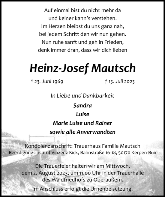 Anzeige von Heinz-Josef Mautsch von  Werbepost 