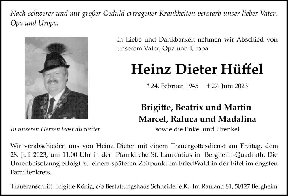  Traueranzeige für Heinz Dieter Hüffel vom 14.07.2023 aus  Werbepost 