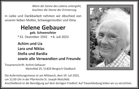 Anzeige von Helene Gebauer von  Bergisches Handelsblatt 