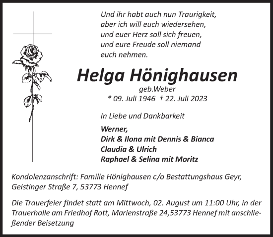 Anzeige von Helga Hönighausen von  Extra Blatt 