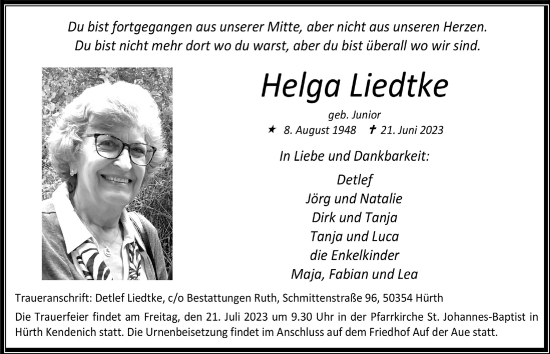 Anzeige von Helga Liedtke von  Wochenende 