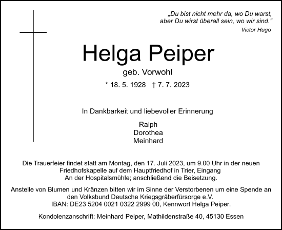 Anzeige von Helga Peiper von Kölner Stadt-Anzeiger / Kölnische Rundschau / Express