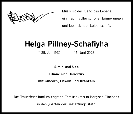 Anzeige von Helga Pillney-Schafiyha von Kölner Stadt-Anzeiger / Kölnische Rundschau / Express