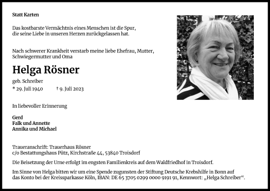 Anzeige von Helga Rösner von Kölner Stadt-Anzeiger / Kölnische Rundschau / Express