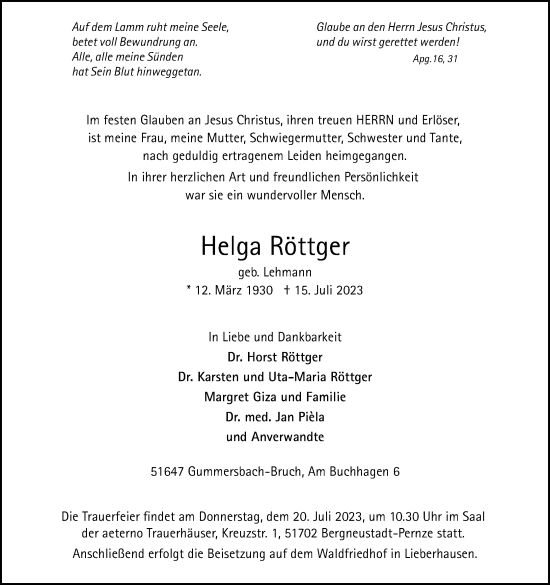 Anzeige von Helga Röttger von Kölner Stadt-Anzeiger / Kölnische Rundschau / Express