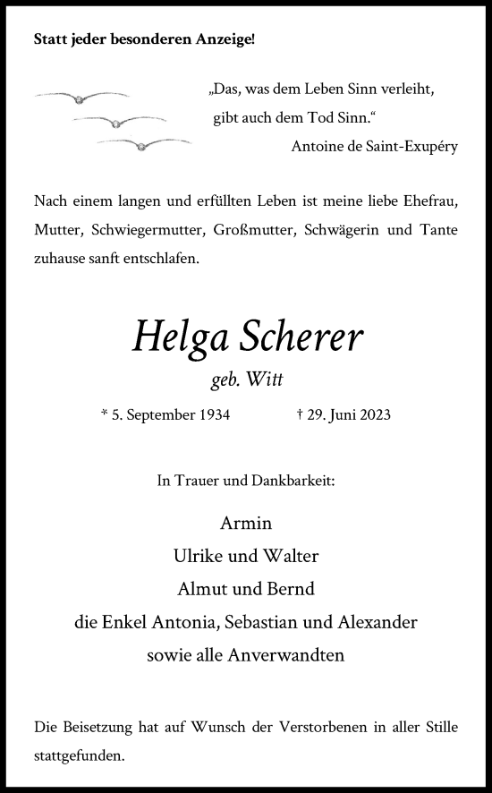 Anzeige von Helga Scherer von Kölner Stadt-Anzeiger / Kölnische Rundschau / Express