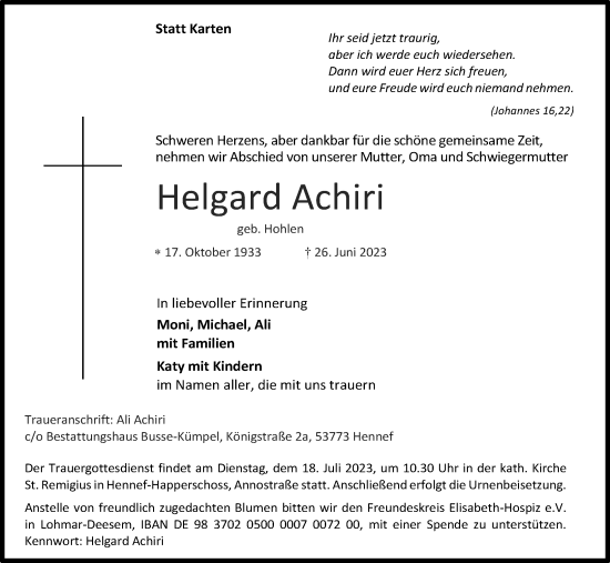 Anzeige von Helgard Achiri von Kölner Stadt-Anzeiger / Kölnische Rundschau / Express