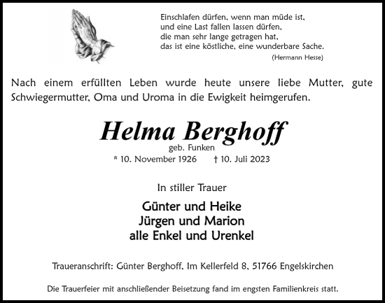 Anzeige von Helma Berghoff von  Anzeigen Echo 