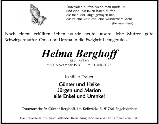 Anzeige von Helma Berghoff von Kölner Stadt-Anzeiger / Kölnische Rundschau / Express