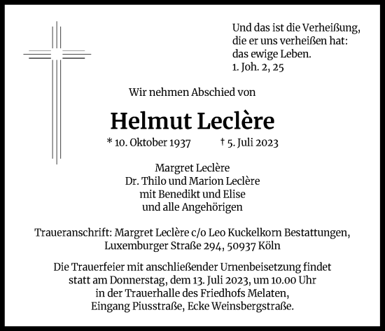 Anzeige von Helmut Leclere von Kölner Stadt-Anzeiger / Kölnische Rundschau / Express