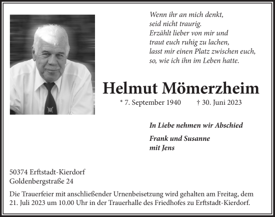 Anzeige von Helmut Mömerzheim von  Werbepost 