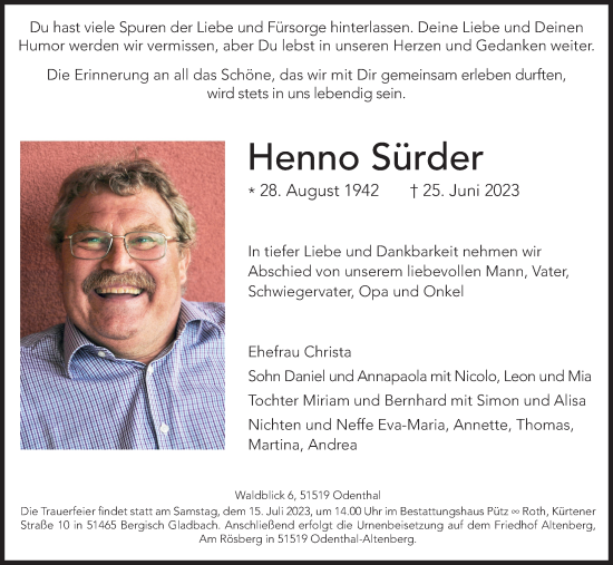 Anzeige von Henno Sürder von Kölner Stadt-Anzeiger / Kölnische Rundschau / Express