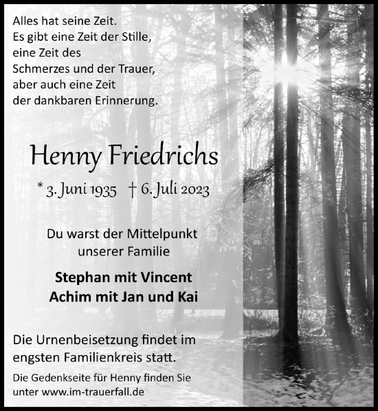 Anzeige von Henny Friedrichs von  Lokalanzeiger 
