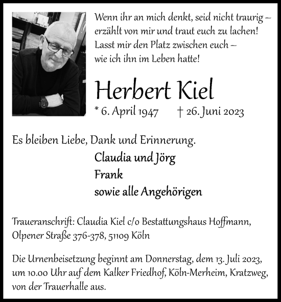 Anzeige von Herbert Kiel von Kölner Stadt-Anzeiger / Kölnische Rundschau / Express