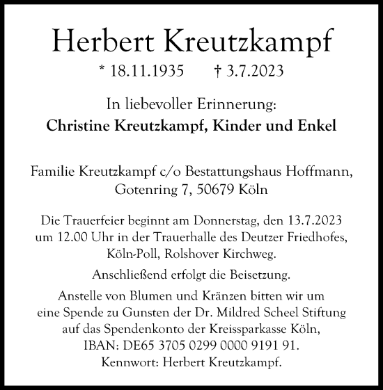 Anzeige von Herbert Kreutzkampf von Kölner Stadt-Anzeiger / Kölnische Rundschau / Express