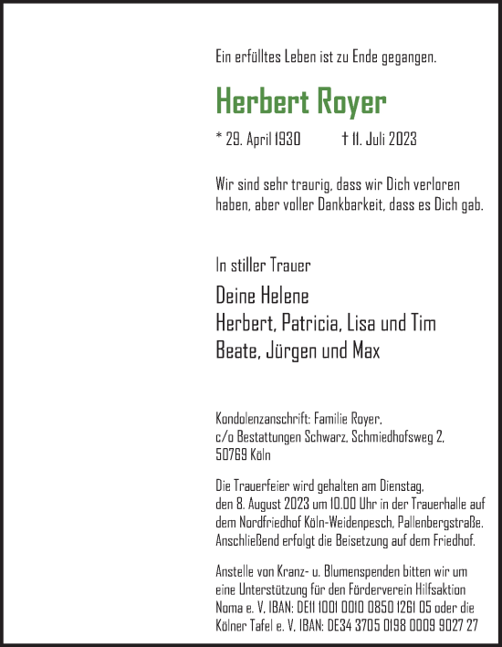 Anzeige von Herbert Royer von Kölner Stadt-Anzeiger / Kölnische Rundschau / Express