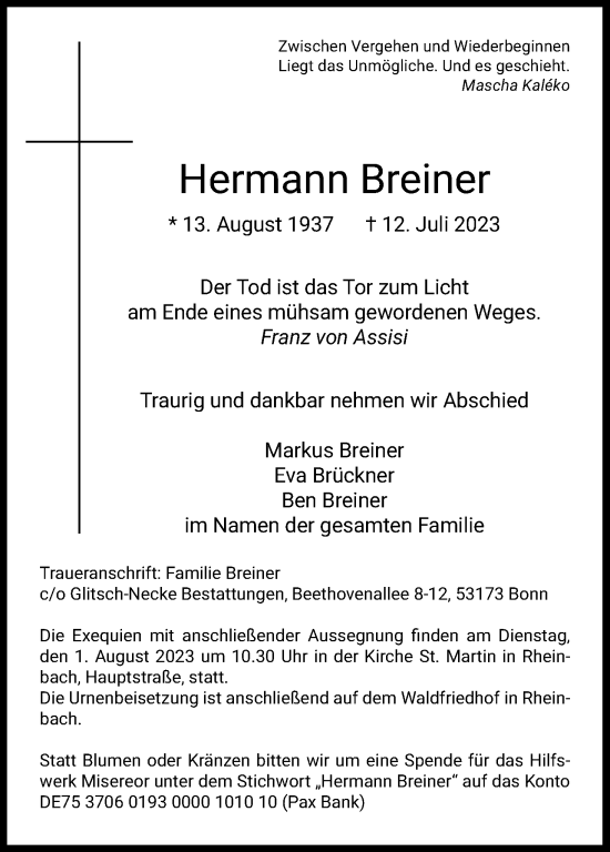 Anzeige von Hermann Breiner von Kölner Stadt-Anzeiger / Kölnische Rundschau / Express