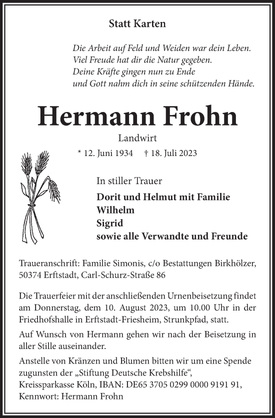 Anzeige von Hermann Frohn von  Werbepost 