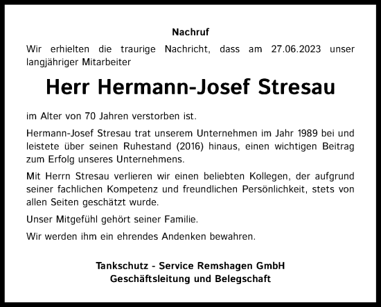 Anzeige von Hermann-Josef Stresau von Kölner Stadt-Anzeiger / Kölnische Rundschau / Express
