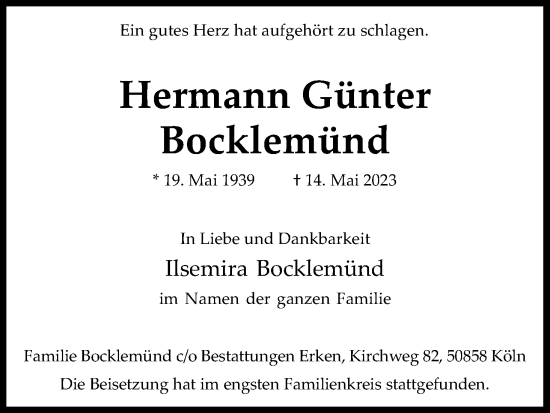 Anzeige von Hermann Günter Bocklemünd von Kölner Stadt-Anzeiger / Kölnische Rundschau / Express