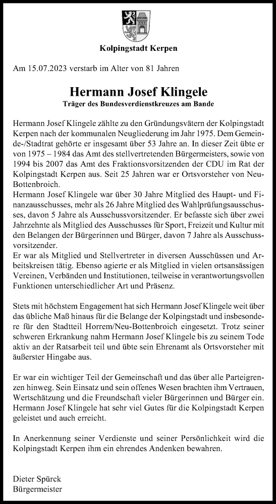 Anzeige von Hermann Josef Klingele von Kölner Stadt-Anzeiger / Kölnische Rundschau / Express