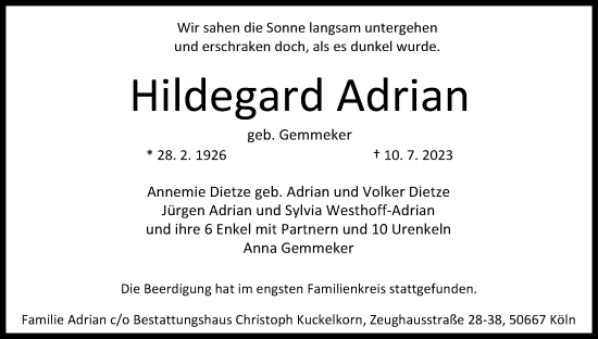 Anzeige von Hildegard Adrian von Kölner Stadt-Anzeiger / Kölnische Rundschau / Express