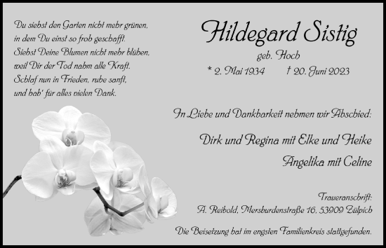 Anzeige von Hildegard Sistig von  Blickpunkt Euskirchen 