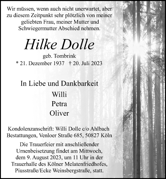 Anzeige von Hilke Dolle von Kölner Stadt-Anzeiger / Kölnische Rundschau / Express