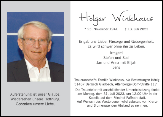 Anzeige von Holger Winkhaus von  Bergisches Handelsblatt 