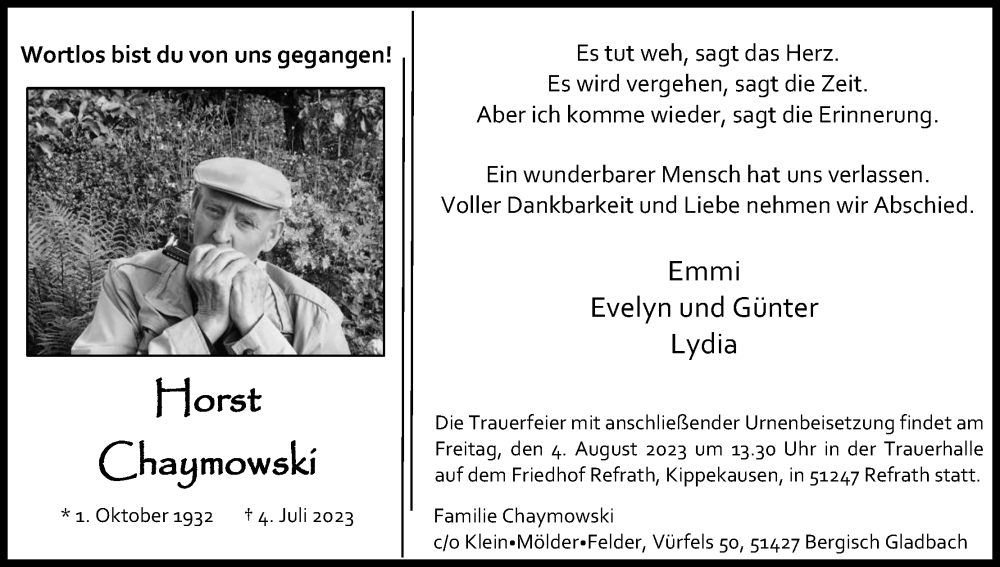  Traueranzeige für Horst Chaymowski vom 22.07.2023 aus Kölner Stadt-Anzeiger / Kölnische Rundschau / Express