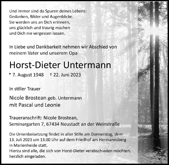 Anzeige von Horst-Dieter Untermann von  Anzeigen Echo 