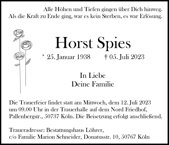 Anzeige von Horst Spies von Kölner Stadt-Anzeiger / Kölnische Rundschau / Express