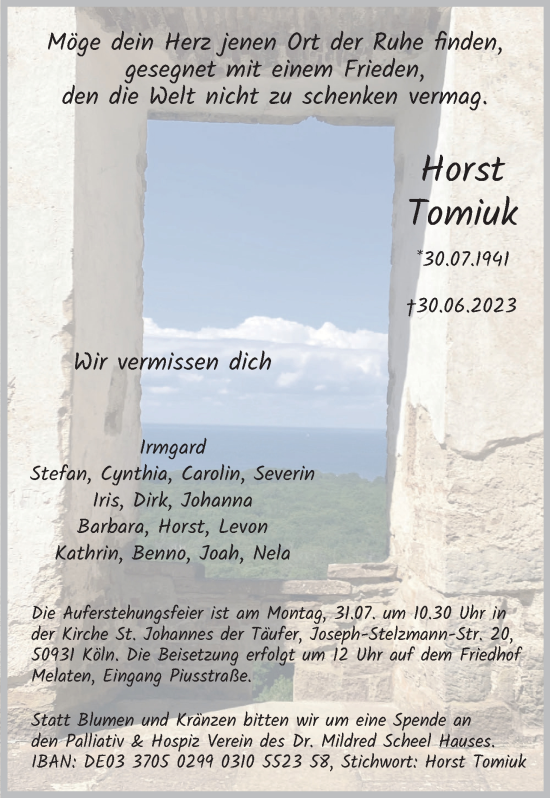 Anzeige von Horst Tomiuk von Kölner Stadt-Anzeiger / Kölnische Rundschau / Express