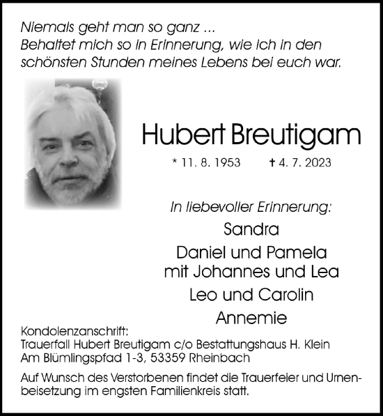 Anzeige von Hubert Breutigam von  Schaufenster/Blickpunkt 