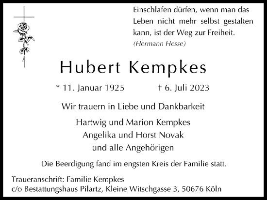 Anzeige von Hubert Kempkes von Kölner Stadt-Anzeiger / Kölnische Rundschau / Express