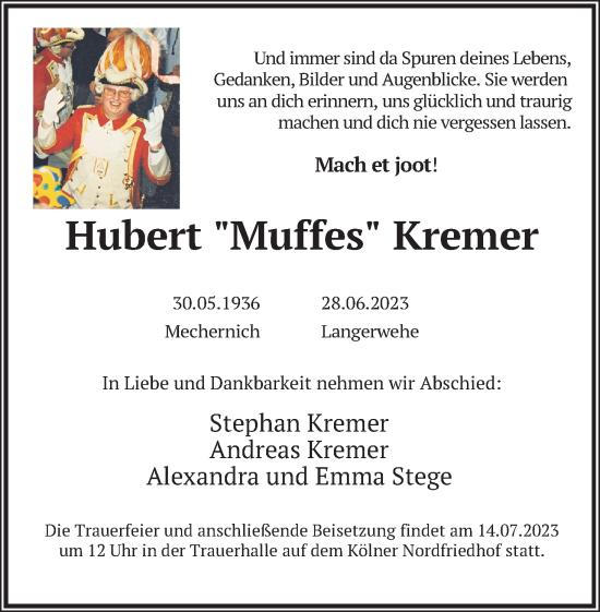 Anzeige von Hubert Kremer von Kölner Stadt-Anzeiger / Kölnische Rundschau / Express