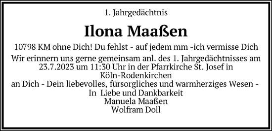 Anzeige von Ilona Maaßen von Kölner Stadt-Anzeiger / Kölnische Rundschau / Express