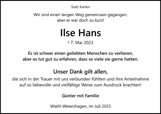 Anzeige von Ilse Hans von Kölner Stadt-Anzeiger / Kölnische Rundschau / Express