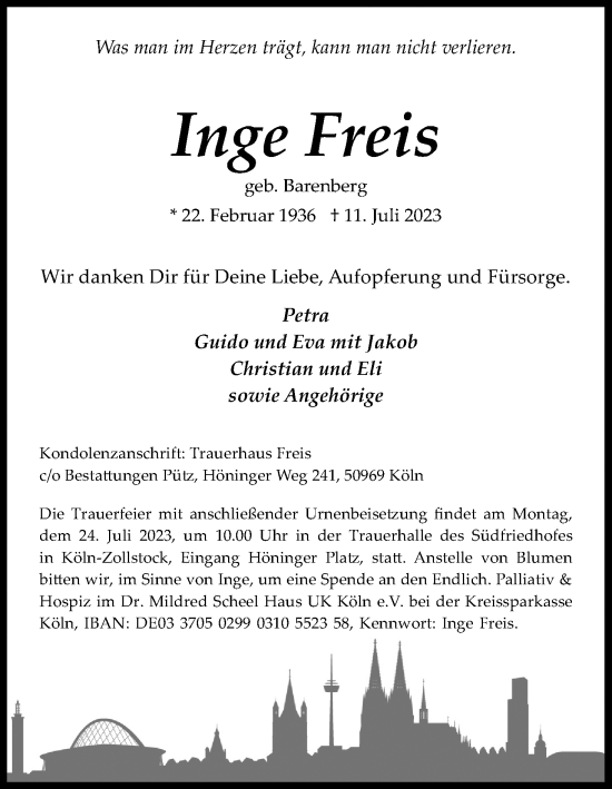 Anzeige von Inge Freis von Kölner Stadt-Anzeiger / Kölnische Rundschau / Express