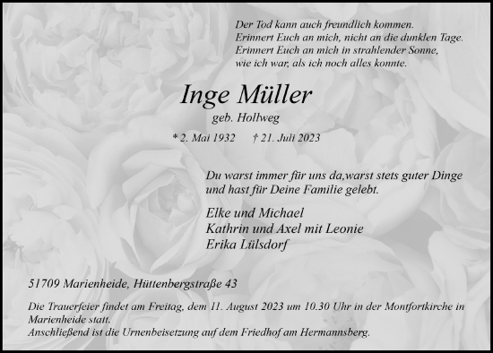Anzeige von Inge Müller von  Anzeigen Echo 