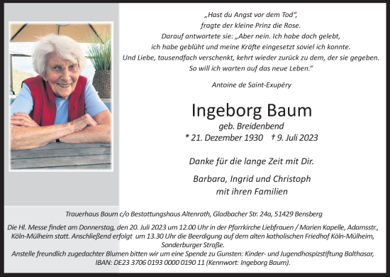 Anzeige von Ingeborg Baum von Kölner Stadt-Anzeiger / Kölnische Rundschau / Express