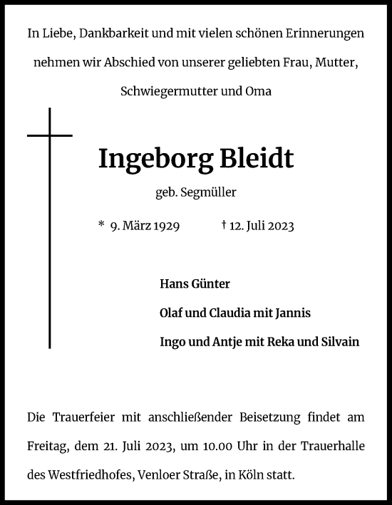 Anzeige von Ingeborg Bleidt von Kölner Stadt-Anzeiger / Kölnische Rundschau / Express