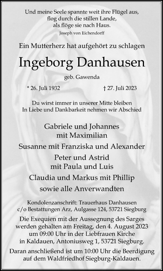 Anzeige von Ingeborg Danhausen von Kölner Stadt-Anzeiger / Kölnische Rundschau / Express
