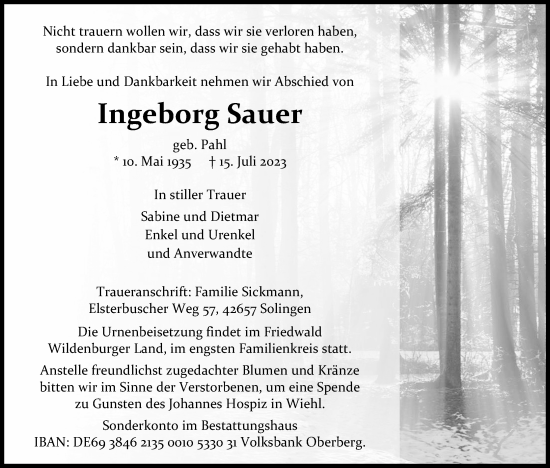 Anzeige von Ingeborg Sauer von Kölner Stadt-Anzeiger / Kölnische Rundschau / Express