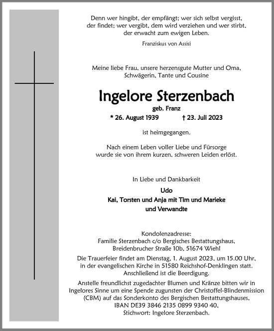 Anzeige von Ingelore Sterzenbach von Kölner Stadt-Anzeiger / Kölnische Rundschau / Express