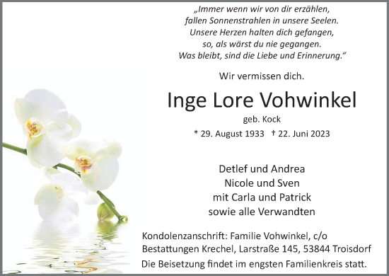 Anzeige von Inge Lore Vohwinkel von Kölner Stadt-Anzeiger / Kölnische Rundschau / Express