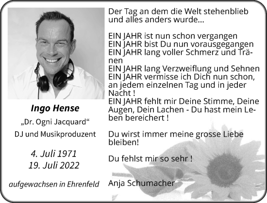 Anzeige von Ingo Hense von Kölner Stadt-Anzeiger / Kölnische Rundschau / Express