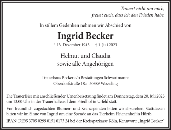 Anzeige von Ingrid Becker von  Schlossbote/Werbekurier 