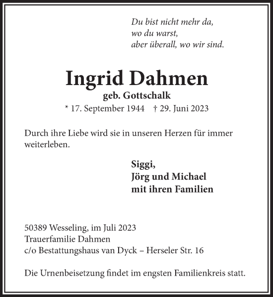 Anzeige von Ingrid Dahmen von  Schlossbote/Werbekurier 