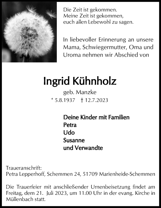 Anzeige von Ingrid Kühnholz von Kölner Stadt-Anzeiger / Kölnische Rundschau / Express